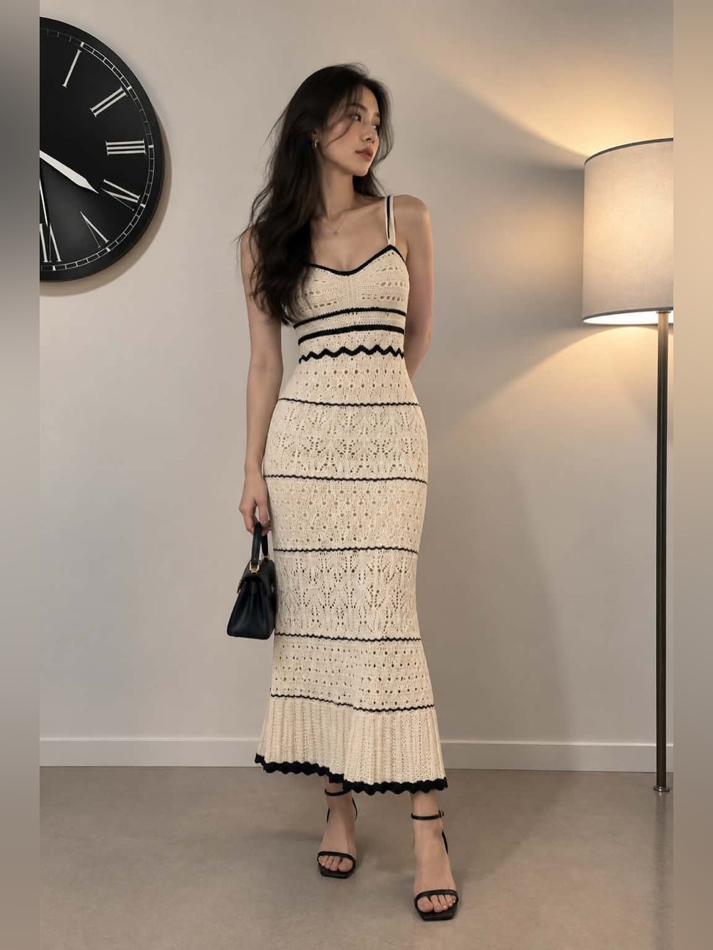 Commense Cream Crochet Midi Dress with Black Accents
